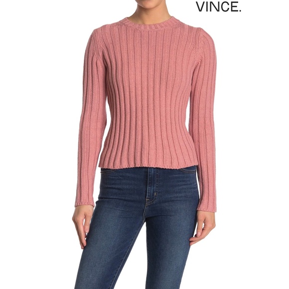 VINCE WOMEN NWT RIBBED CREW NECK LONG SLEEVE COTTON AMARANTH SWEATER. SIZE L - Picture 1 of 11